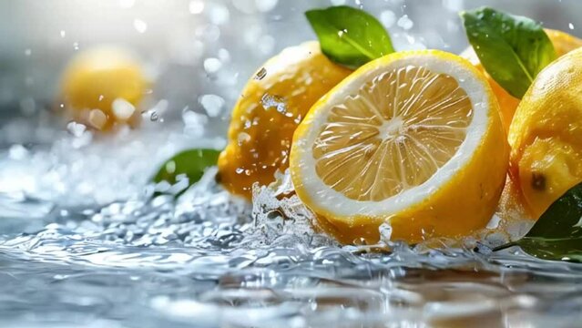 Lemon water splash isolated on a white transparent background, png. Lemon fruit slice, leaves and water splash. background water wave, citrus piece and mint foliage