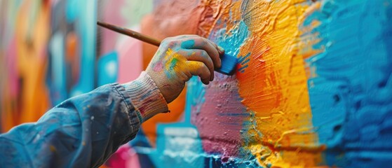 Closeup of hands creating graffiti art on a wall