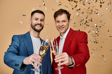 Two men in elegant suits clink champagne glasses amidst falling confetti.