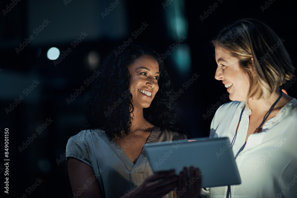 Poster business woman, teamwork and tablet for night planning, collaboration and solution at tech company. 