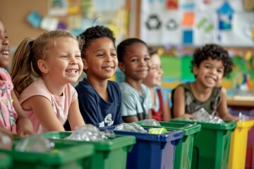 Group of diverse children smiling and recycling plastic bottles in a classroom with colorful bins.
