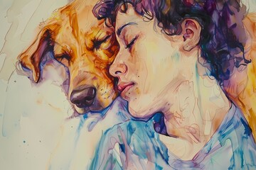 painting of a beautiful woman sleeping with a dog By generated AI