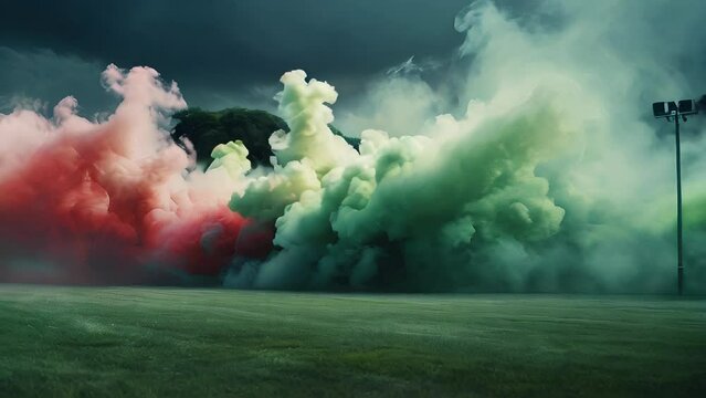 Smoke green background dark ground light smell toxic black bad fog stadium stink mist. Background green grass smoke cloud fart soccer night field dust poison potion floating sport