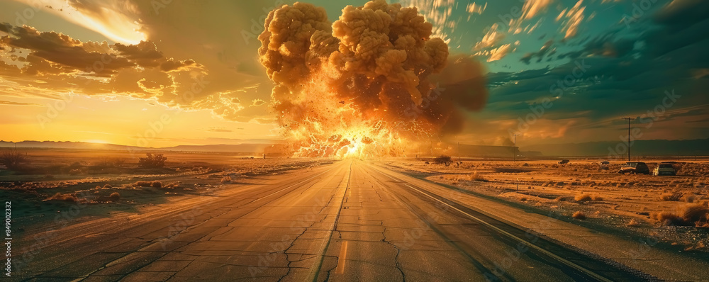 Wall mural A nuclear explosion over a deserted highway, abandoned cars scattered along the road. A massive mushroom cloud rises overhead, dwarfing the surrounding landscape.