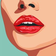 Young girl with bright lips Applies red lipstick on her plump lips. Advertising lipstick. Illustration for advertising, poster for beauty salon.  Cosmetology, makeup artist, beauty.  Vector illustrati