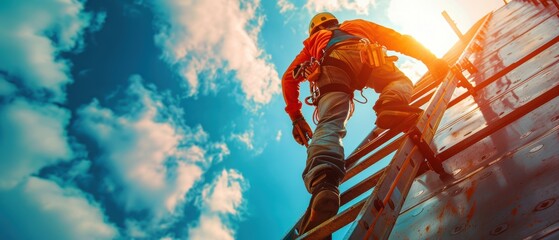 Construction worker climbing a ladder with tools in hand, focused and determined