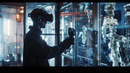 Virtual Reality Interface Technician Futuristic Server Room Robotics Control
