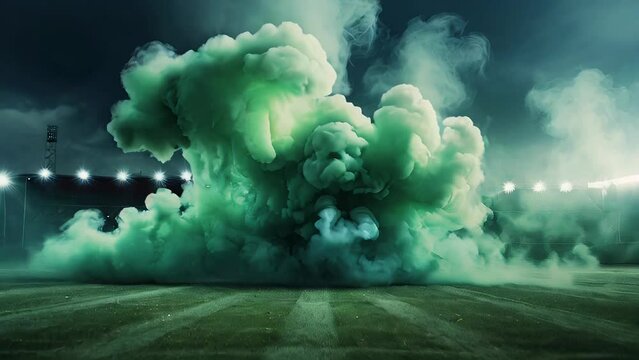 Smoke green background dark ground light smell toxic black bad fog stadium stink mist. Background green grass smoke cloud fart soccer night field dust poison potion floating sport