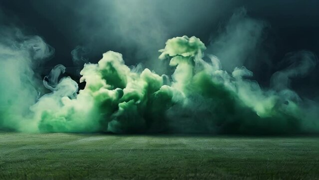 Smoke green background dark ground light smell toxic black bad fog stadium stink mist. Background green grass smoke cloud fart soccer night field dust poison potion floating sport
