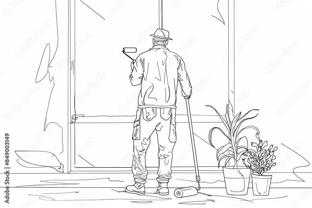 Poster black and white single line illustration of a painter decorator using a paint roller to paint a wall