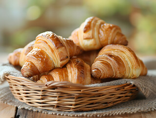 a basket of croissants on a table. The croissants are golden-brown and flaky.
