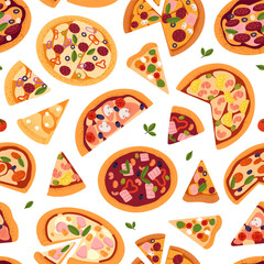 Repeatable pattern of different cheese, meaty or vegetarian pizza. Endless backdrop with whole, cut slices and triangle pieces of Italian traditional food. Pizzeria flat seamless vector illustration