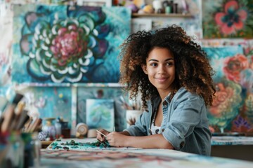 Fototapeta premium Smiling young artist in a vibrant art studio, surrounded by colorful paintings and art supplies, creating a new piece.