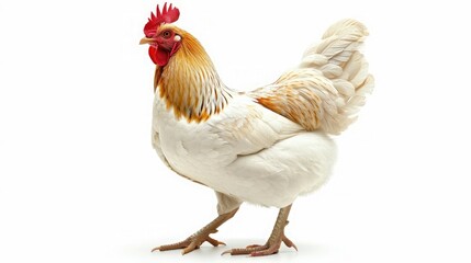 Fototapeta premium A close-up image of a white chicken with a red comb standing against a white background, showcasing its feathers and natural beauty.