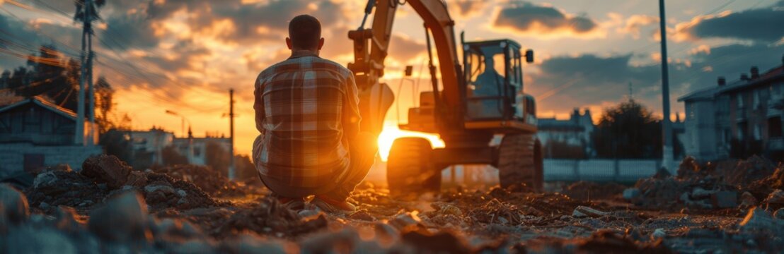 Construction worker operating a backhoe