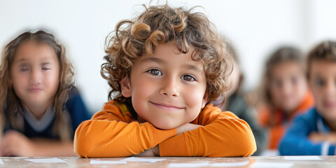 The little boy smiled at the camera, a sweet smile appeared in the corner of his eyes