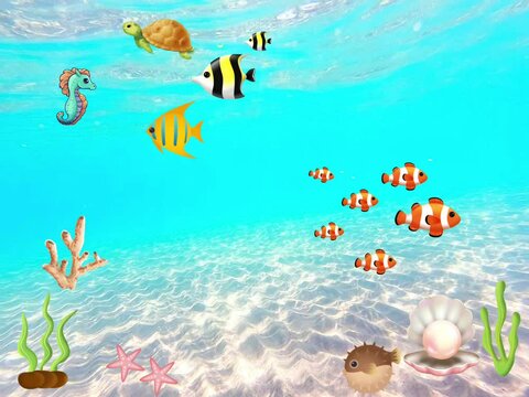 illustration of underwater world life with several types of fish, coral, shells and starfish