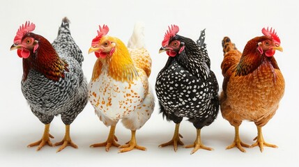 Fototapeta premium Four colorful chickens standing in a row with white background, showcasing various feather patterns and vibrant combs.