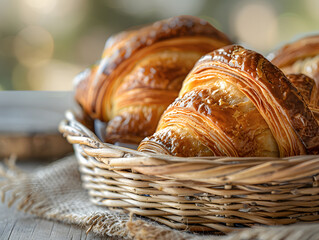 a basket of croissants on a table. The croissants are golden-brown and flaky.