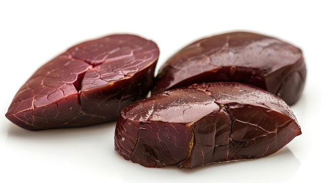 Raw sliced beef liver on a white background, showcasing fresh and nutritious meat, often used in various culinary dishes and recipes.
