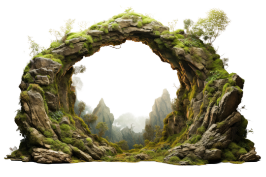 Enchanted Archway: A Mossy Tale on a Clear PNG or White Background.