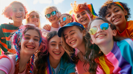 Fototapeta premium a telephoto shot of a group of gender-diverse youth volunteering together at a community event, Gender-diverse people, LGBTQ+, living freely, happily at school, friends, families,