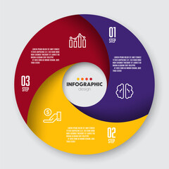 Round pie chart  into 3 step. Concept startup development strategy. .Infographic for business information.