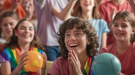 Fototapeta premium a telephoto shot of a supportive family cheering for a gender-diverse student at a sports event, showing encouragement and pride, Gender-diverse people, LGBTQ+, living freely, happ