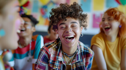 Fototapeta premium a telephoto shot of a non-binary teenager laughing with friends at school, Gender-diverse people, LGBTQ+, living freely, happily at school, friends, families, with copy space