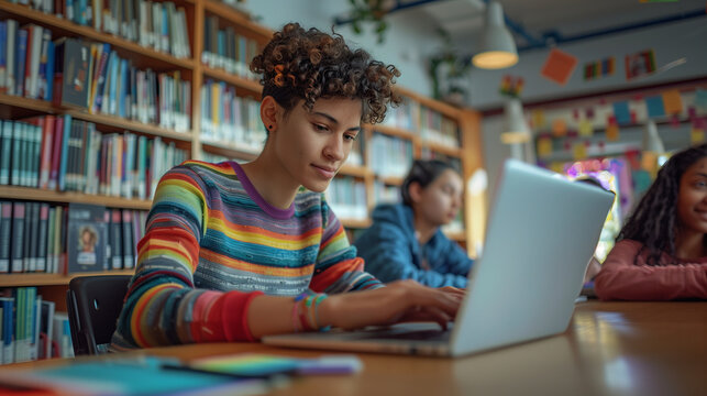 a detailed image of a non-binary person working on a laptop in a school library, with friends nearby, Gender-diverse people, LGBTQ+, living freely, happily at school, friends, fami