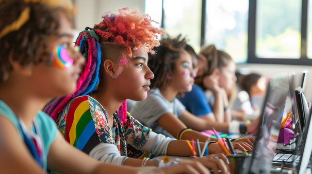 a detailed image of an LGBTQ+ youth participating in a coding workshop, with classmates collaborating, Gender-diverse people, LGBTQ+, living freely, happily at school, friends, fam
