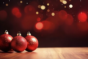 Red Christmas Balls on Wooden Table with Glittering Background - Space for Text