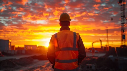 Construction worker observing a site at sunset