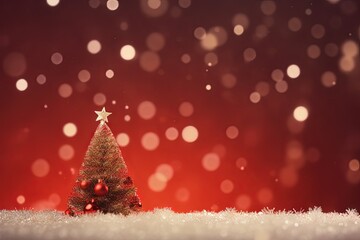Traditional Christmas Tree with Red Balls and Golden Star on Snowy Ground