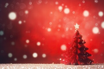 Red Christmas Tree with Star on Bright Table and Glittery Background