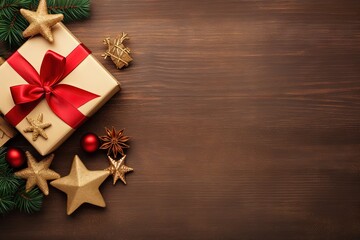 Fototapeta premium Realistic Christmas Gift on Wooden Table with Pine Branches - Space for Copy