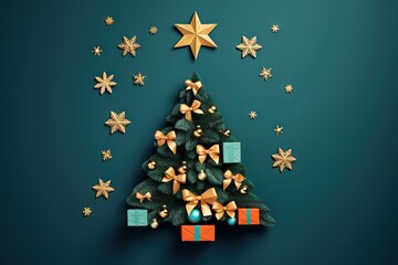 Golden Star Christmas Tree 3D Render with Teal and Gold Accents