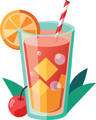 Glass of refreshing juice with ice, orange slice, cherry and straw on white background