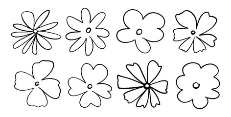 Line hand drawn flowers in line style isolated on white background. Vector flowers in doodle style.