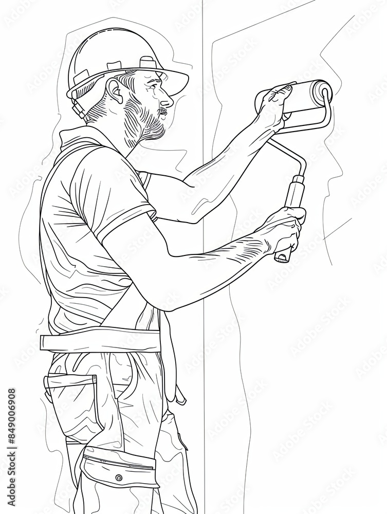 Poster a single line drawing of a painter wearing a hard hat and overalls, using a roller to paint a wall. 