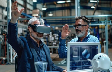 Fototapeta premium A young man wearing VR glasses is presenting something to an older businessman in the office