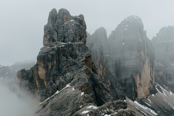 Photo of Mt Jelly in the Dolomites, Italy. The peak is isolated and surrounded by rugged mountains with some snow patches. It's an overcast day with low clouds.