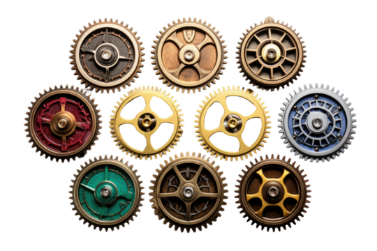 Vibrant Dance of Technicolor Gears on a Clear PNG or White Background.