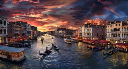 Fototapeta premium Photograph of the Grand Canal in Venice, Italy at sunset. The photo captures the bustling activity on boats and street vendors along its banks.