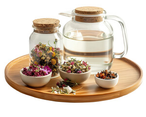 Glass jars with dried herbal flowers and clear glass jug on a wooden tray. Perfect for tea, decoration, or aromatherapy.
