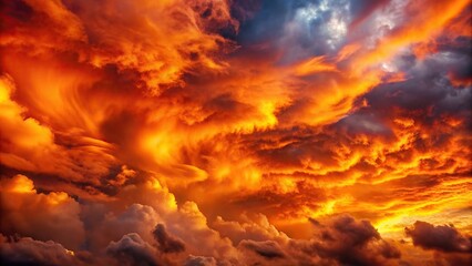 Macro fiery clouds in sky, dramatic, vibrant, intense, sunset, dusk, stormy, panoramic, atmospheric, weather, nature
