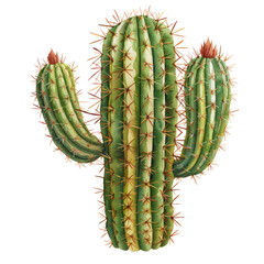 Naklejka premium High-resolution image of a vibrant green cactus with multiple arms, detailed thorns, and textured surface, isolated on white background, PNG