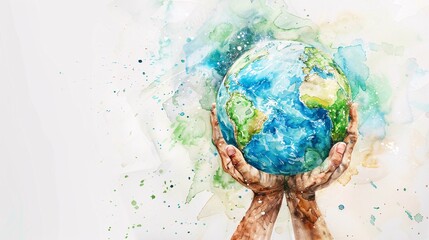 Abstract watercolor hands holding planet Earth on a white background, concept of global environmental protection and world peace day, copy space for text web banner or poster design. The artwork is