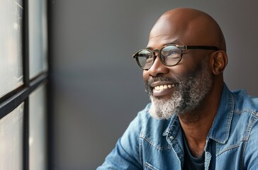 Obraz premium A handsome man with glasses and gray beard, wearing denim shirt
