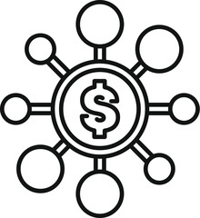 This icon represents a network connecting global financial resources through a centralized money system